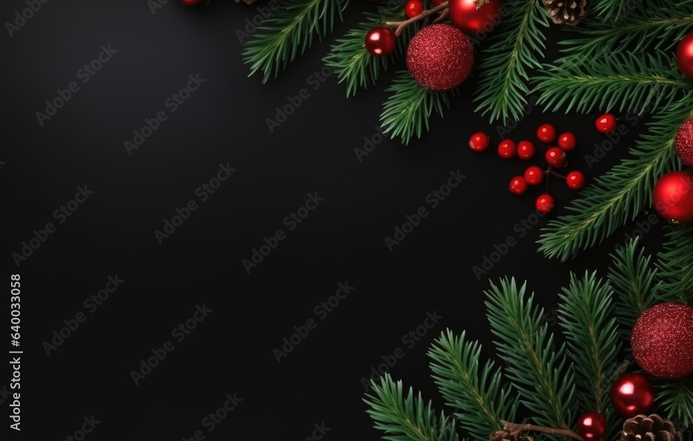 A black background with christmas decorations and pine cones. Digital image.