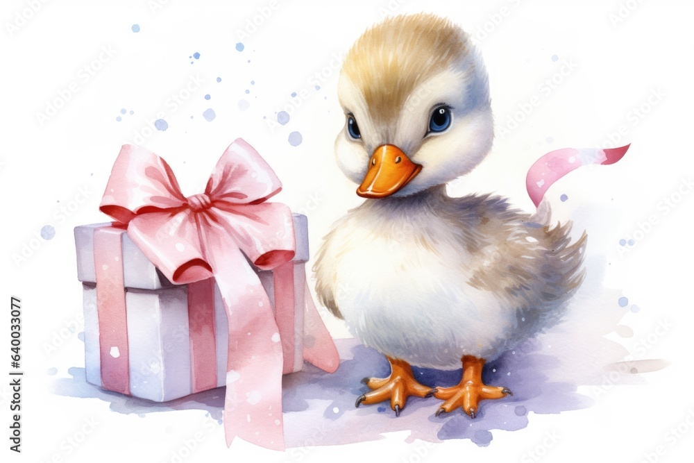 A watercolor painting of a duck next to a gift. Digital image.