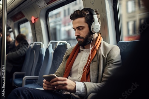 man on the train listening to an audiobook with headphones photo