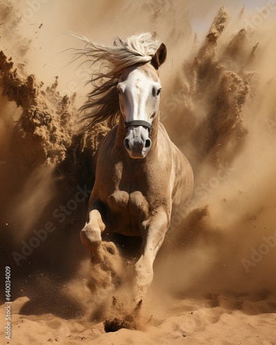 Running horse in cloud of dust