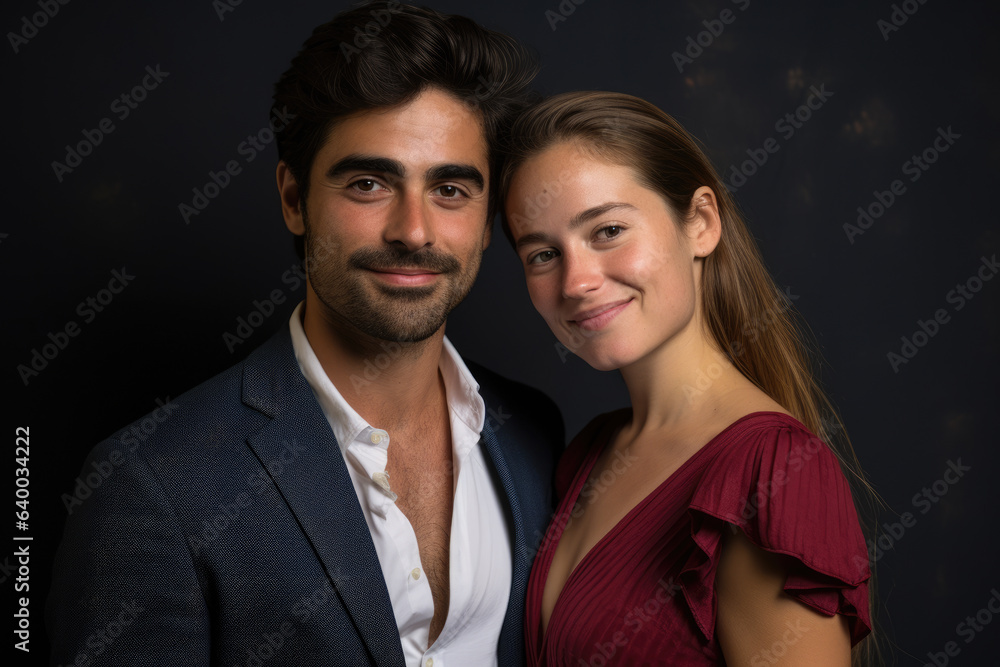 Man and woman posing together for photograph. This image can be used for various purposes such as couples photography, stock photography, social media posts, or advertising campaigns. Man and woman posing together for photograph. This image can be used for various purposes such as couples photography, stock photography, social media posts, or advertising campaigns.