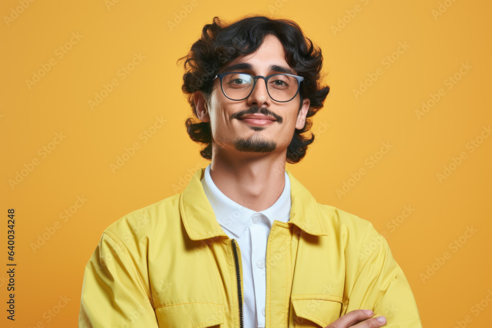 Man wearing yellow jacket and glasses is posing for picture. This image can be used for various purposes. Man wearing yellow jacket and glasses is posing for picture. This image can be used for various purposes.