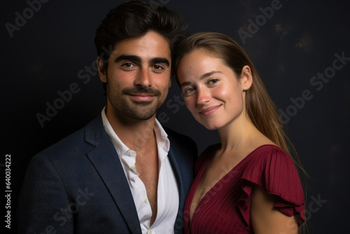 Man and woman posing together for photograph. This image can be used for various purposes such as couples photography, stock photography, social media posts, or advertising campaigns.