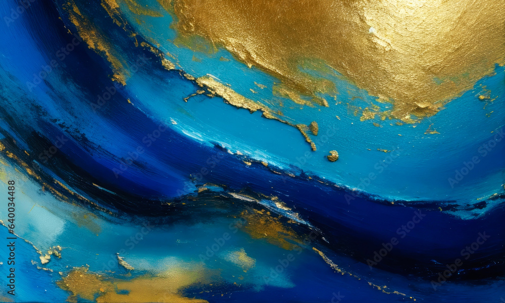 Closeup of abstract rough blue and gold color multi colored art painting texture, with oil brushstroke. Generative AI