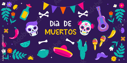 Dia de muertos element set with skull, sombrero, tequila  and bones. Day of the dead