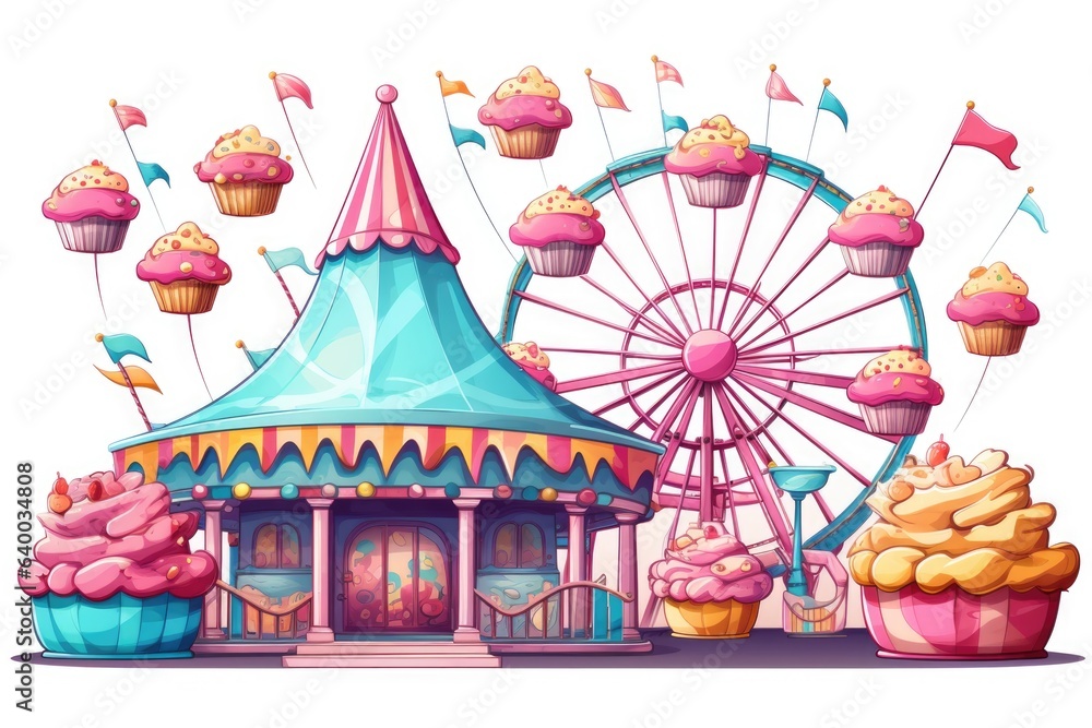 A carnival with cupcakes and a ferris. Digital image.
