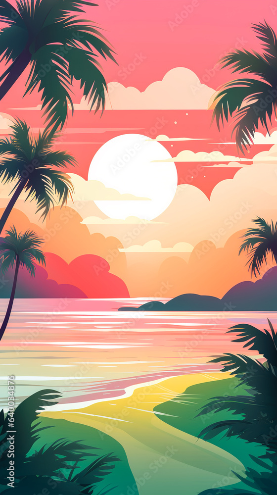 A wallpaper background for your phone. A breathtaking seascape with beach during sunrise or sunset wallpaper illustration in flat vector style. Digital illustration generative AI.