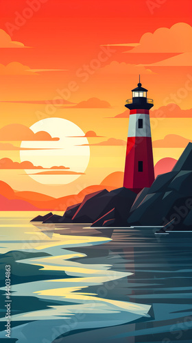 A wallpaper background for your phone. A breathtaking seascape with lighthouse during sunrise or sunset wallpaper illustration in flat vector style. Digital illustration generative AI.