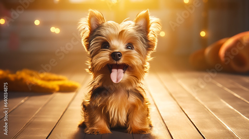 cute little baby yorkshire terrier puppy smiling in the backyard with sunstreaks. 3D render cartoon character. Digital illustration generative AI. photo