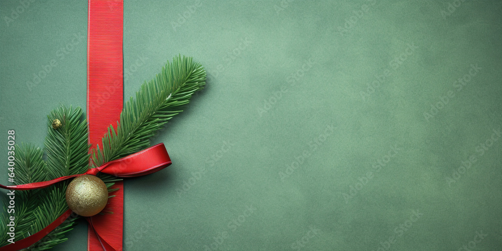 Christmas card with red ribbon, solid green textured paper