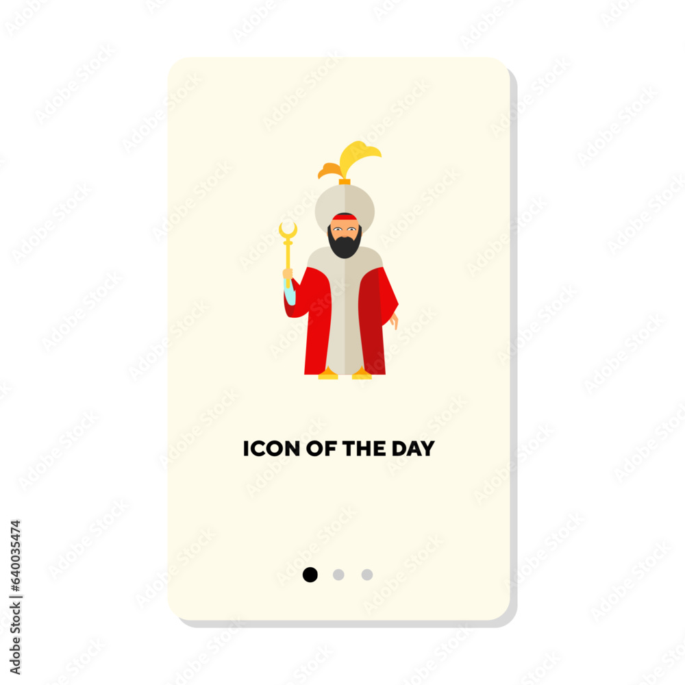 Ancient Turkish sultan flat vector icon. Religious authority character in traditional clothes isolated vector illustration. Culture and religion, religious cult concept for web design and apps Ancient Turkish sultan flat vector icon. Religious authority character in traditional clothes isolated vector illustration. Culture and religion, religious cult concept for web design and apps