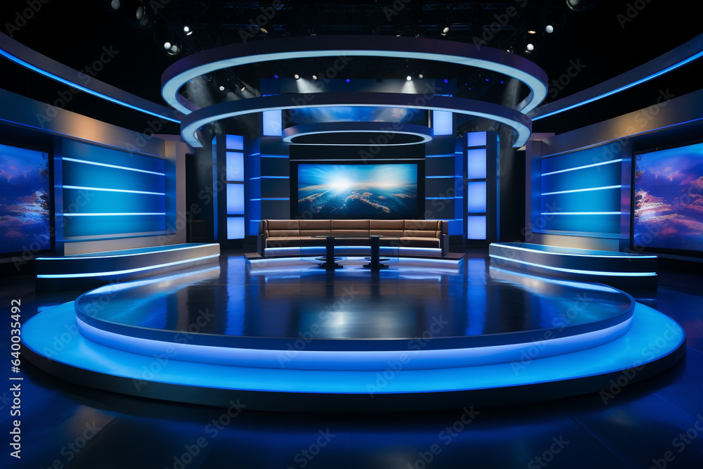 Cable TV News Studio Network Stage Set, Generative AI - obrazy, fototapety, plakaty 