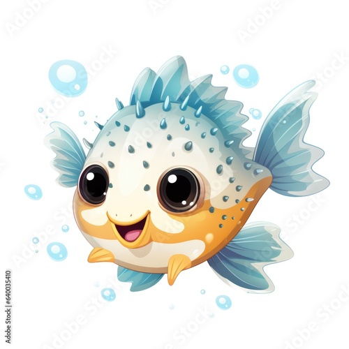 A cartoon fish with big eyes and bubbles. Digital image.