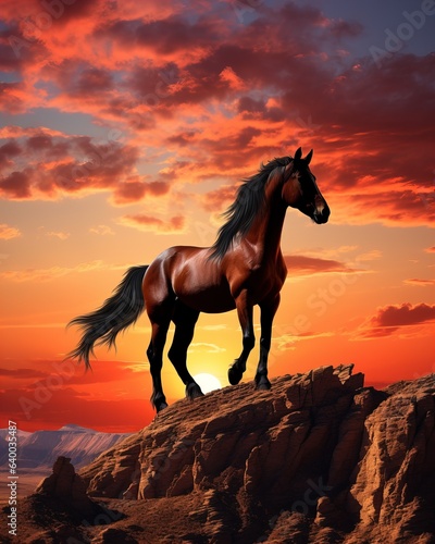 Beautiful horse stands on rock at sunset © Fotograf