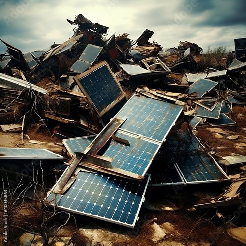 Old Trashed Solar Panels Piled Up in a Landfill or Scrap Yard, Difficult to Recycle, Generative AI photo