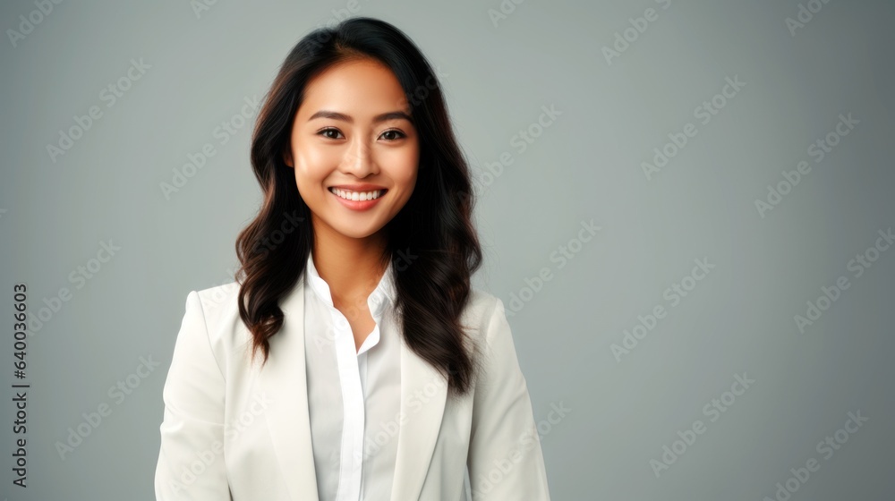 Young Asian Woman in White Blazer Smiling Warmly Against Light Grey Background, Space for Caption. Young Asian Woman in White Blazer Smiling Warmly Against Light Grey Background, Space for Caption.