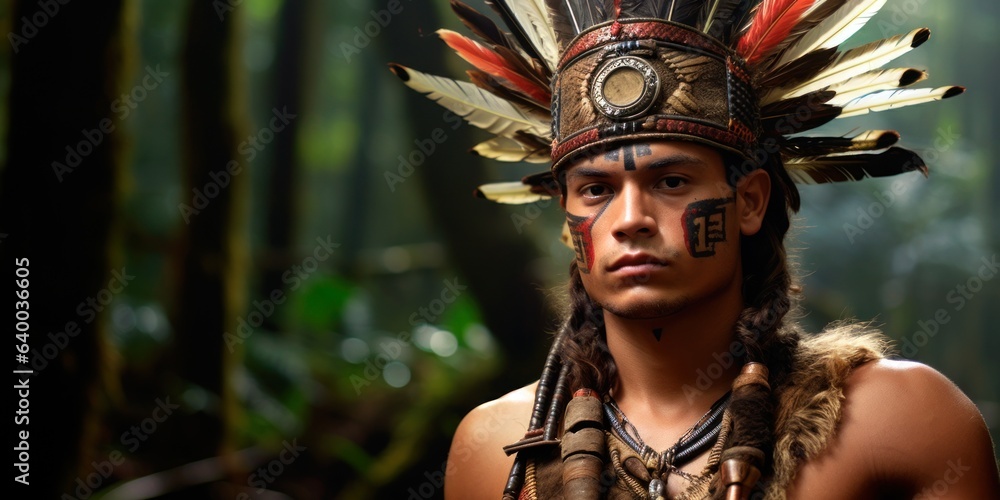 Amazonian Native in Traditional Garb on a Rainforest Background, Space for Text.