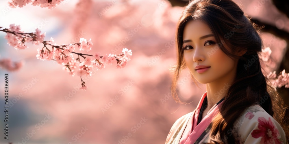 Japanese Woman in Floral Kimono Next to Cherry Blossom Tree, Space for Text. Japanese Woman in Floral Kimono Next to Cherry Blossom Tree, Space for Text.