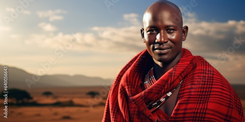 Kenyan Man in Maasai Shuka on Savannah Gold Background, Space for Text.