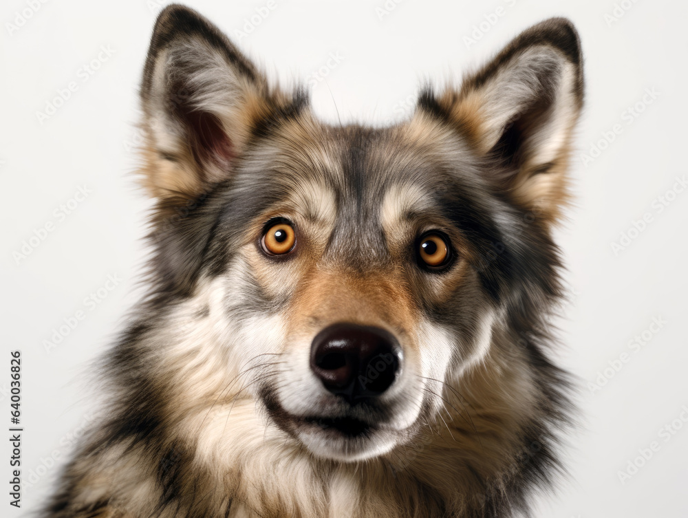 Cute wild wolf portrait and white background. Generative AI