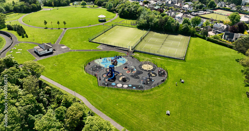 Aerial photo of Childrens Playpark playground at Larne Town Park with rides slides sandpits and swings Antrim Northern Ireland photo