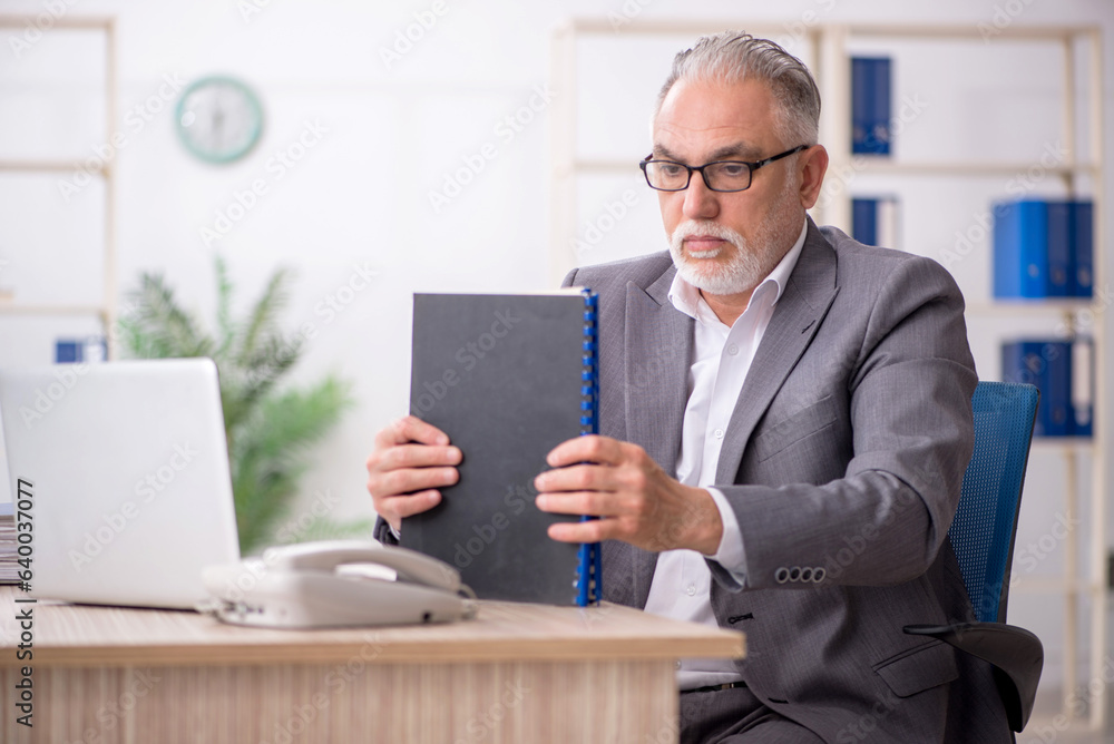 Old male employee working in the office Old male employee working in the office