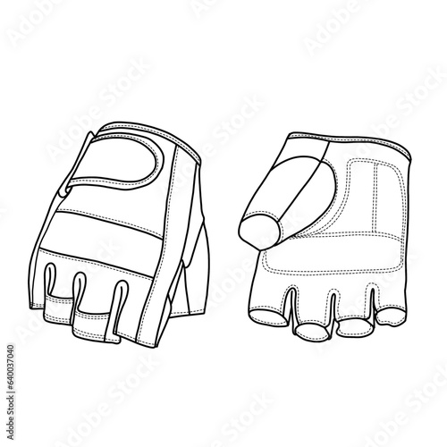 Technical sketch drawing of pair fingerless gloves line art, flat sketch, isolated on white background, suitable for your pair fingerless gloves, editable color and stroke.