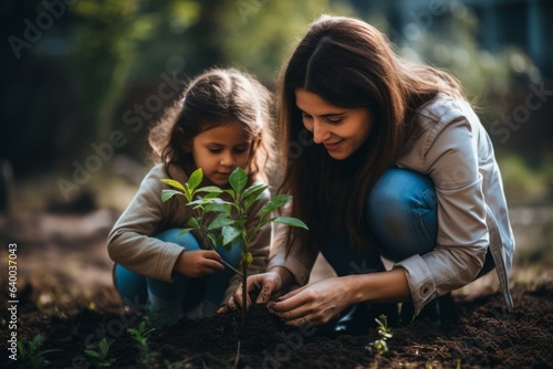Young woman is helping a little girl plant a tree
