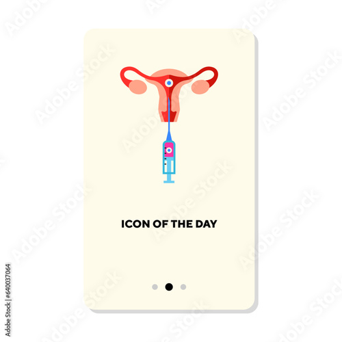 Insemination of female ovule with syringe vector icon. Fertilization and pregnancy process isolated vector illustration. Baby planning, anatomy, reproductive system concept for web design and apps