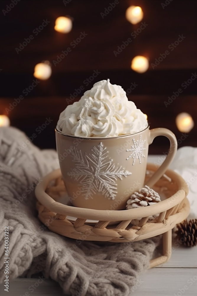 Ceramic winter mug with hot chocolate and whipped cream in Christmas decorated interior. Generative AI Ceramic winter mug with hot chocolate and whipped cream in Christmas decorated interior. Generative AI