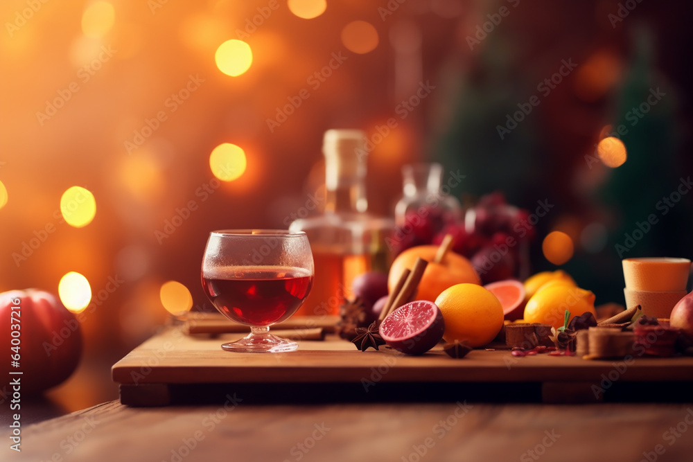 Wooden tray with Mulled wine ingredients on the wooden table. Generative AI Wooden tray with Mulled wine ingredients on the wooden table. Generative AI