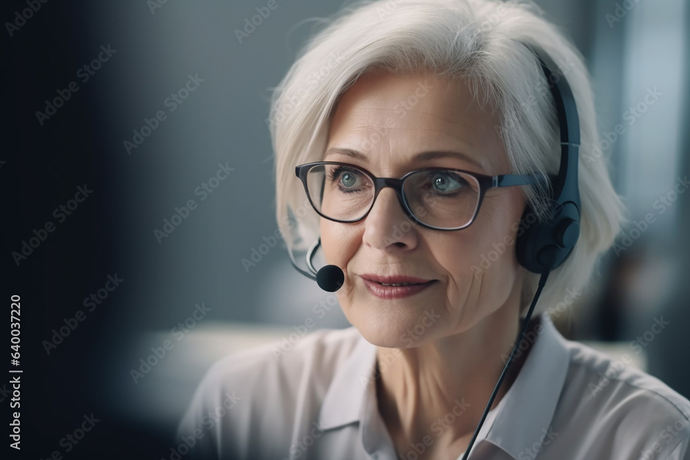 Pretty middle aged woman working in a call-center, copyspace. Generative AI Pretty middle aged woman working in a call-center, copyspace. Generative AI