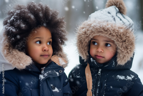 Afro-american little twin children in winter walking outdoors. Generative AI
