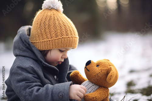 Little child with his teddy bear walking outdoors in winter. Generative AI