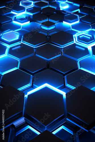 abstract background with glowing hexagons in blue light