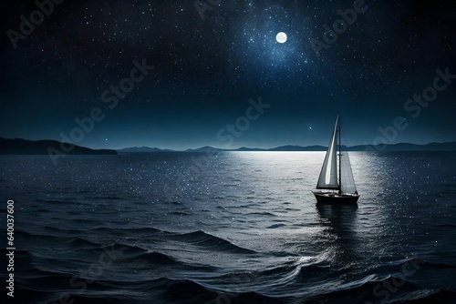 sailboat in the sea with night view under the moon Created with generative AI © rai stone