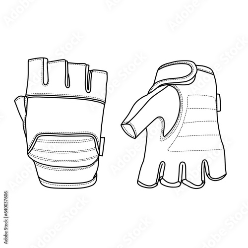 Technical sketch drawing of pair fingerless gloves line art model, flat sketch, isolated on white background, suitable for your pair fingerless gloves model, editable color and stroke.