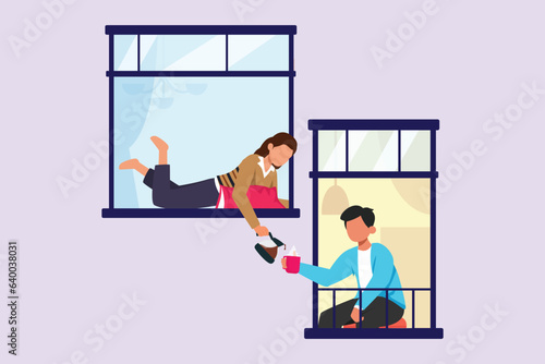 Concept of Neighbors sharing things and helping each other. Colored flat vector illustration isolated. 