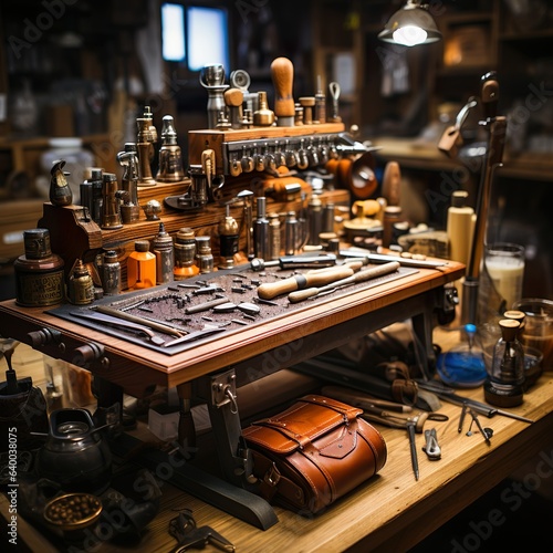 a work bench with a variety of tools on it © Ganelon