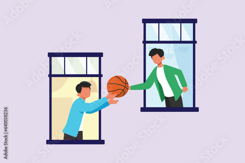 Concept of Neighbors sharing things and helping each other. Colored flat vector illustration isolated. 