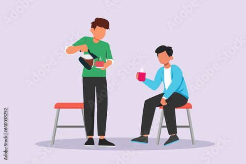 Concept of Neighbors sharing things and helping each other. Colored flat vector illustration isolated. 