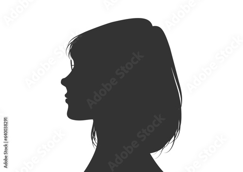 メガネをかけた女性の横顔シルエットイラスト（セミロング・バストアップ・白背景）