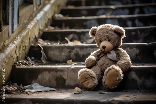 An abandoned teddy bear left on stairs © Ari