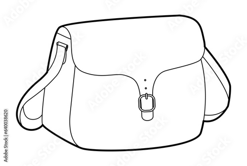 Bag Saddle silhouette crossbody. Fashion accessory technical illustration. Vector satchel front 3-4 view for Men, women, unisex style, flat handbag CAD mockup sketch outline isolated