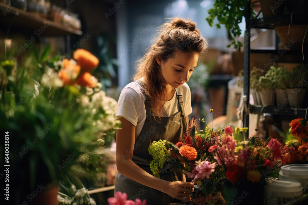 A florist girl in the workplace. A woman creates bouquets of flowers behind the counter in a flower shop.