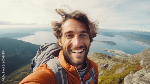 Selfie photo of happy smiling male influencer mountaineer hiker during traveling at beautiful destination in the mountains