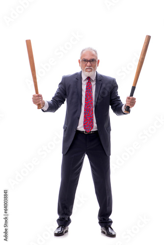 Old businessman holding baseball bat isolated on white