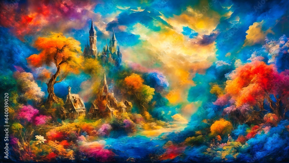 Magic landscape with castle on the hill and colorful sky. Digital painting