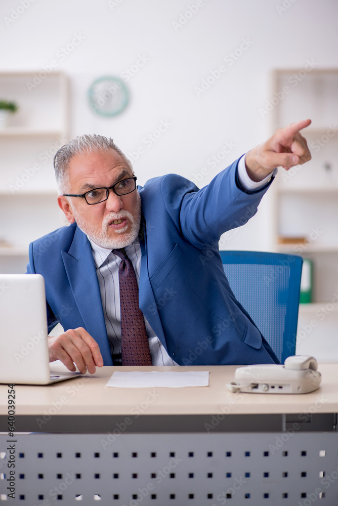 Old male employee working in the office Old male employee working in the office