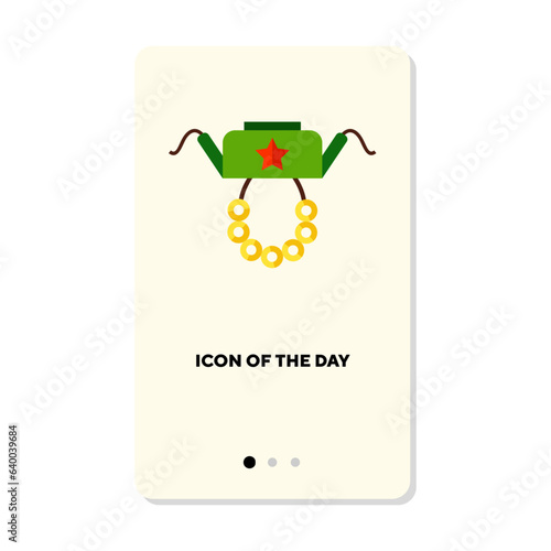 Military ear flapped hat with cookies flat vector icon. Traditional Russian clothing and food isolated vector illustration. Slavs culture and ethnicity concept for web design and apps